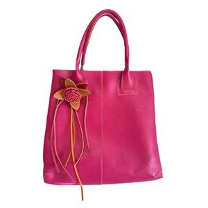 TOTE BAG ~ Raspberry Pink Tote Bag w/Pink & Orange Floral Accent Black Interior